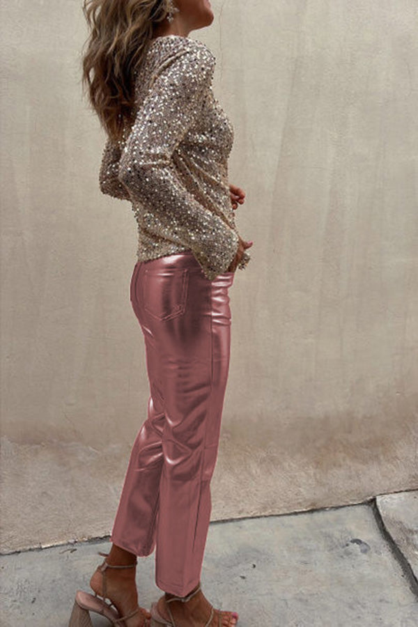 Lilipretty Lilipretty Sinclair Metallic Faux Leather High Rise Pocketed Straight Pants