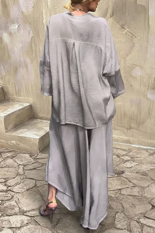 Melissa V-neck Sheer Batwing Sleeve Loose Blouse and Elastic Waist Pocketed Bell Hem Pants Set
