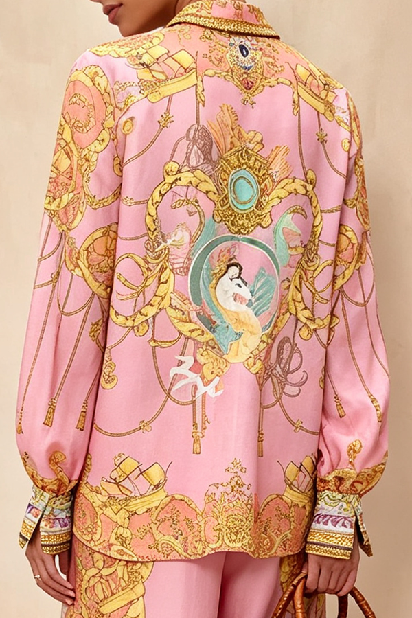 Mermaid Motel Unique Print Long Sleeve Loose Shirt and Elastic Waist Pants Set