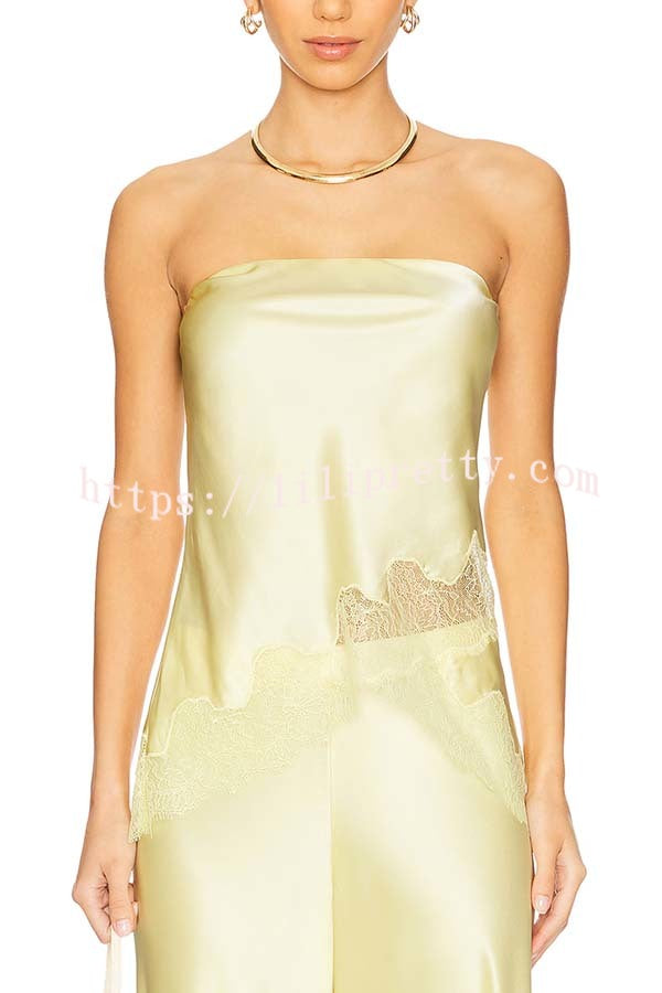 Odessa Satin Floral Lace Hem Strapless Tank and Mid Rise Wide Leg Pants Set