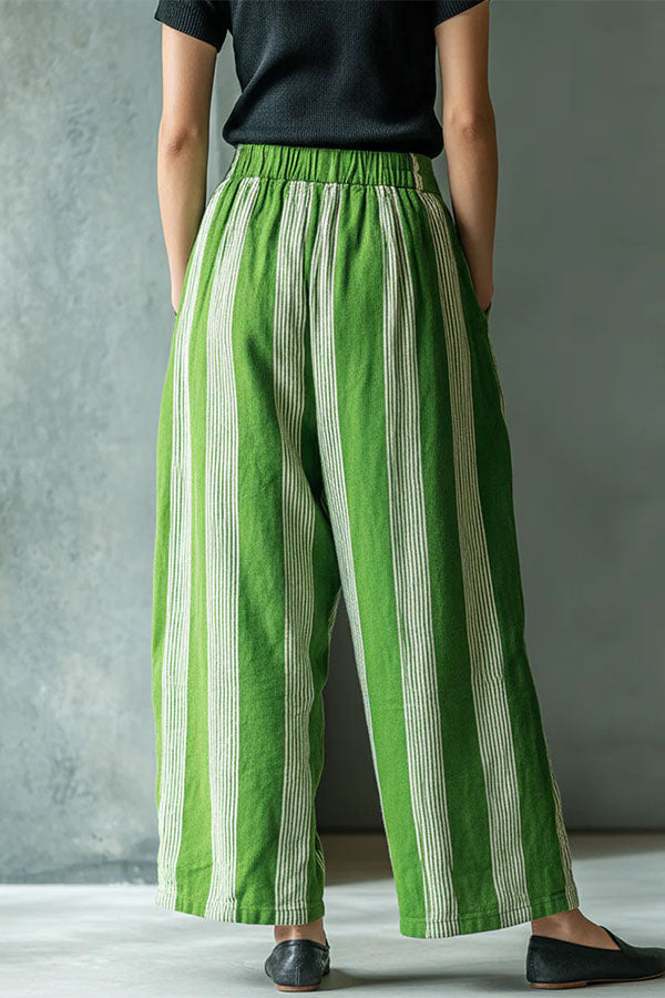 Casual Boho Linen-Blend Striped Wide Leg Pants