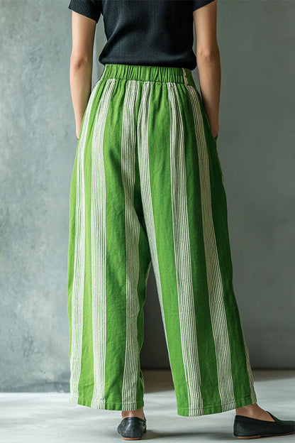Casual Boho Linen-Blend Striped Wide Leg Pants