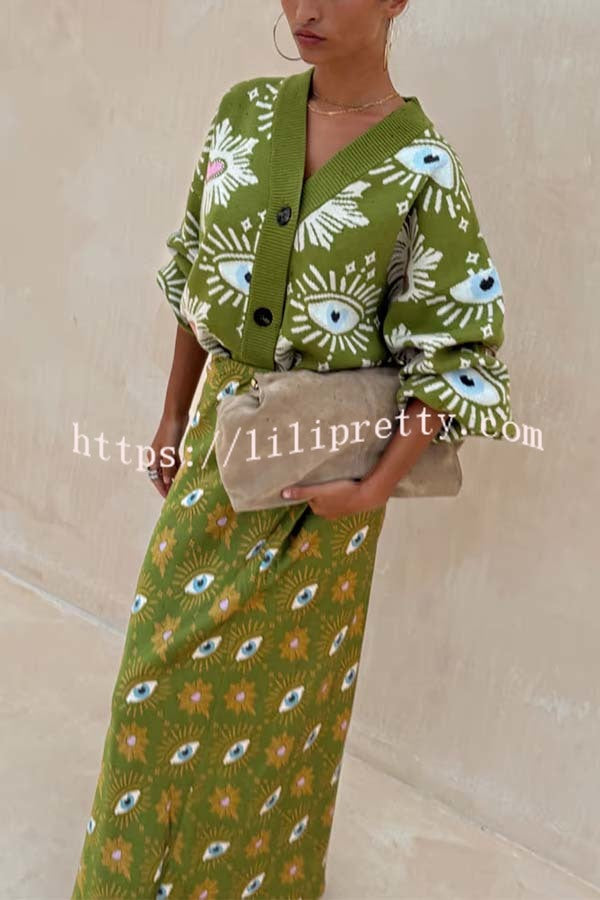 Mysterious Magic Satin Eye Heart Pattern Elastic Waist Drape Maxi Skirt