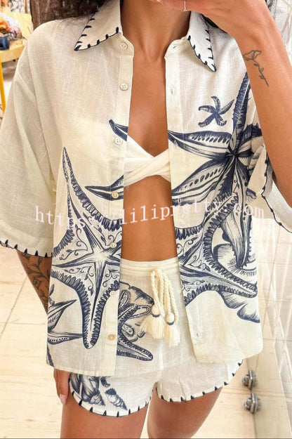 Linen Blend Starfish Print Collared Loose-fitting Shirt and Elastic Waist Casual Pocket Shorts Set