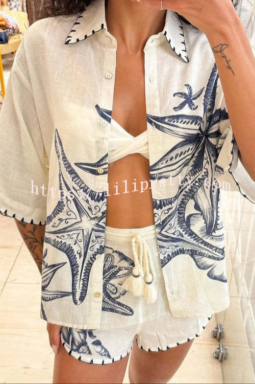 Linen Blend Starfish Print Collared Loose-fitting Shirt and Elastic Waist Casual Pocket Shorts Set