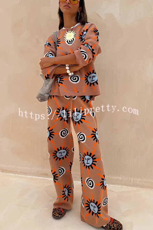Mediterranean Art Knit Unique Sun Vortex Print Long Sleeve Relaxed Sweater