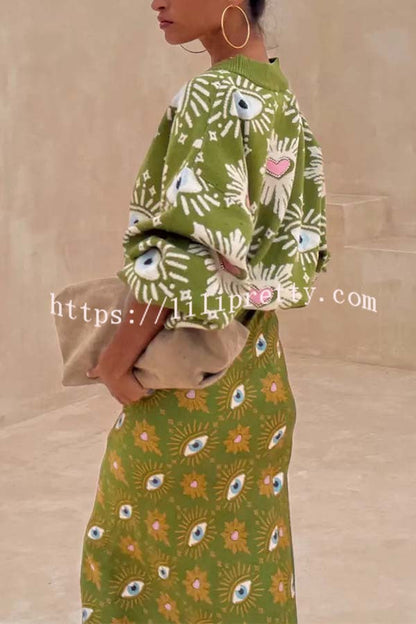 Mysterious Magic Satin Eye Heart Pattern Elastic Waist Drape Maxi Skirt