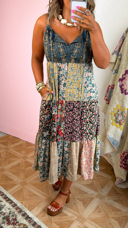 Patched Western Midi Dress, Latte