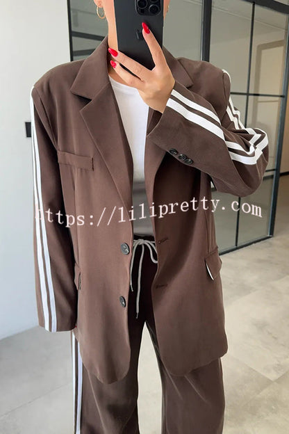 Levvie Striped Trim Long Sleeve Lapel Blazer and Rope Belt Pocketed Wide Leg Pants Set