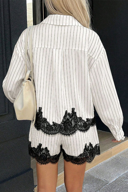 Anna  Lace-trimmed Striped Shirt and Shorts Set