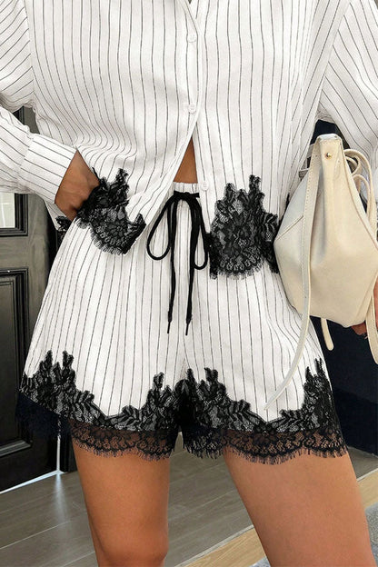 Anna  Lace-trimmed Striped Shirt and Shorts Set