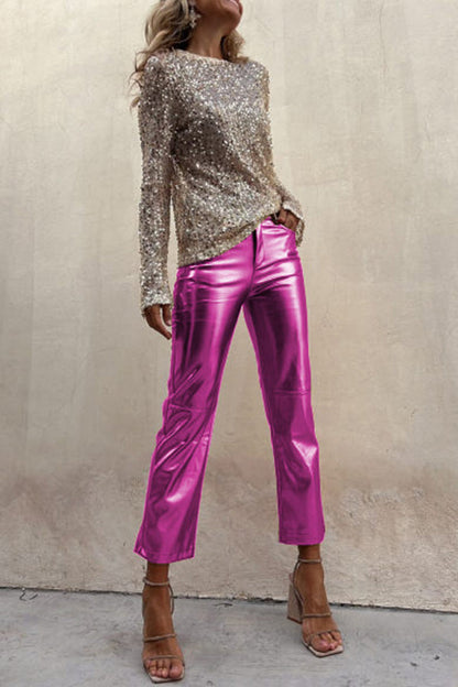 Lilipretty Lilipretty Sinclair Metallic Faux Leather High Rise Pocketed Straight Pants