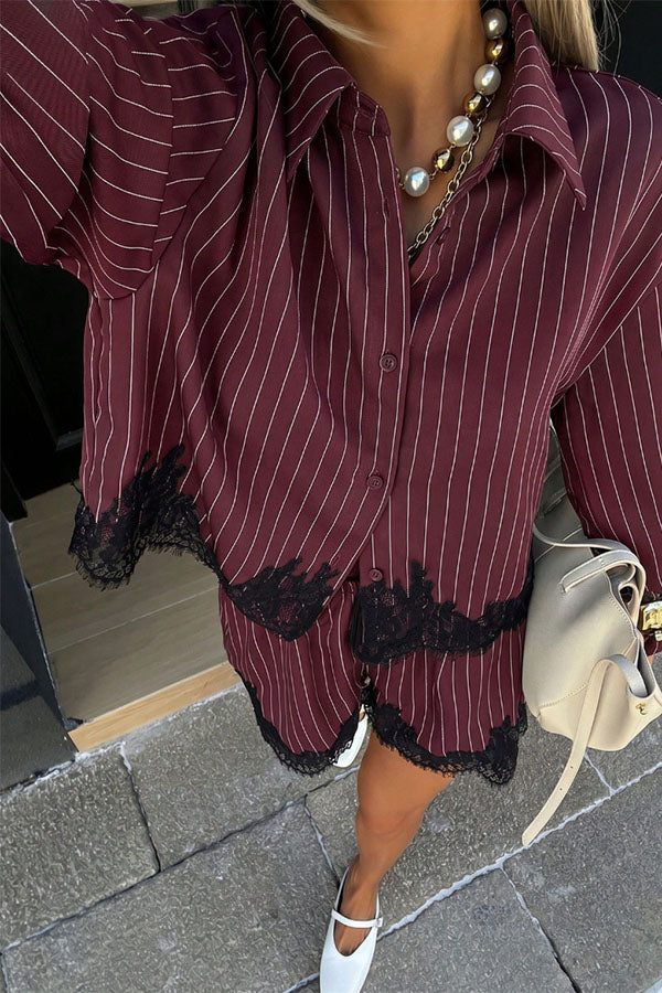 Anna  Lace-trimmed Striped Shirt and Shorts Set
