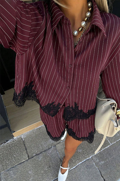 Anna  Lace-trimmed Striped Shirt and Shorts Set