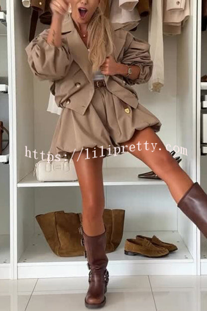 Fashion Style Button Long Balloon Sleeve Pocket Lapel Casual Bomber Jacket