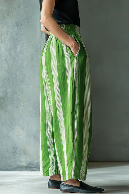 Casual Boho Linen-Blend Striped Wide Leg Pants
