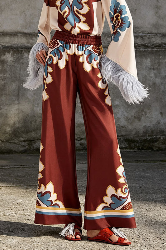 Bohemian Dreams Unique Print Elastic Waist Pocket Wide Leg Pants