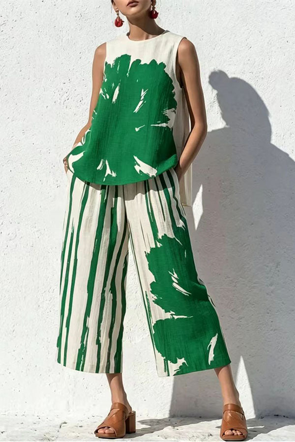 Abstract Brushstroke Sleeveless Tunic & Cropped Pant Set