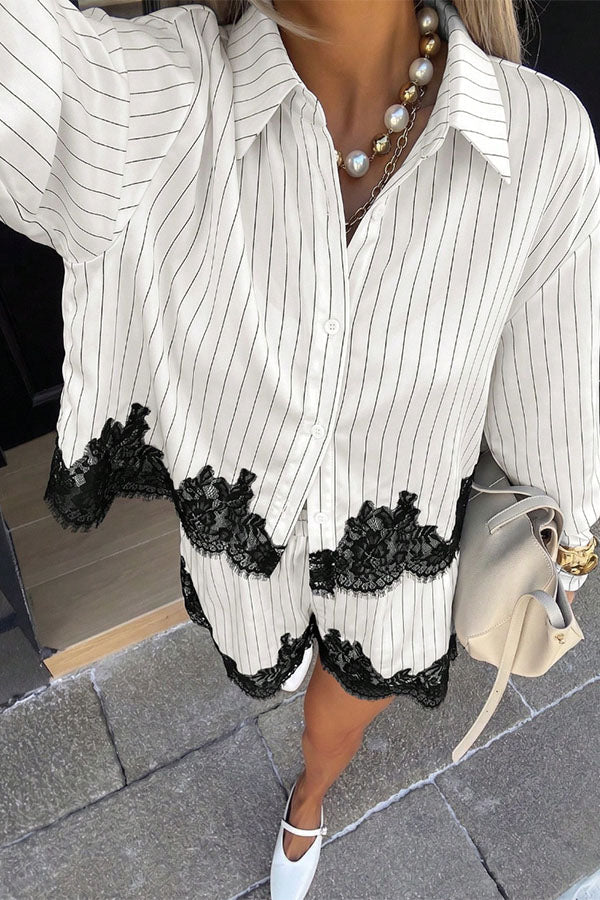 Anna  Lace-trimmed Striped Shirt and Shorts Set