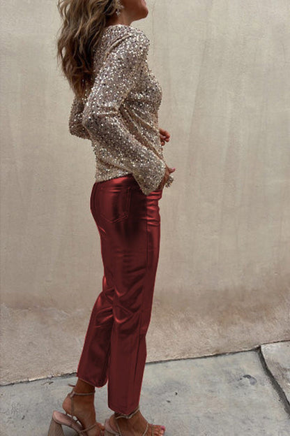 Lilipretty Lilipretty Sinclair Metallic Faux Leather High Rise Pocketed Straight Pants
