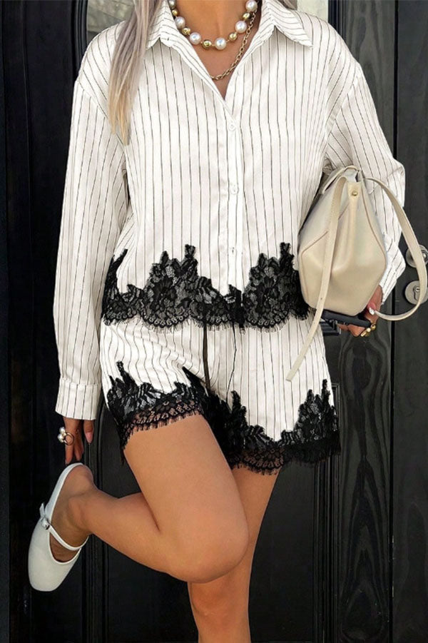 Anna  Lace-trimmed Striped Shirt and Shorts Set