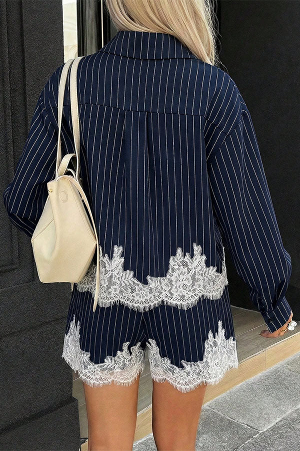 Anna  Lace-trimmed Striped Shirt and Shorts Set