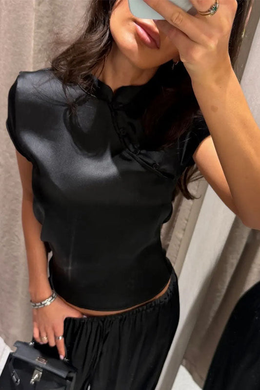 Aurelia Vintage-Inspired Side-Button Mandarin Blouse