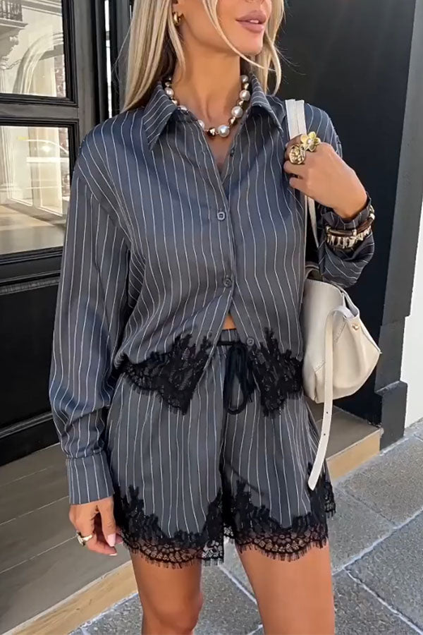 Anna  Lace-trimmed Striped Shirt and Shorts Set