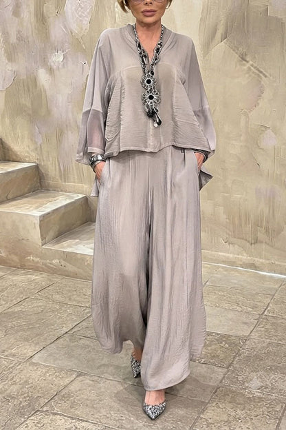 Melissa V-neck Sheer Batwing Sleeve Loose Blouse and Elastic Waist Pocketed Bell Hem Pants Set