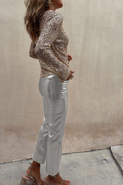Lilipretty Lilipretty Sinclair Metallic Faux Leather High Rise Pocketed Straight Pants