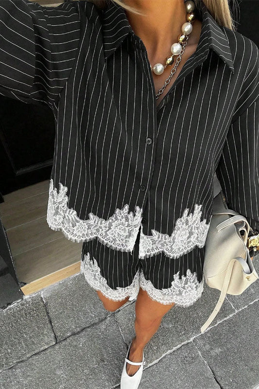 Anna  Lace-trimmed Striped Shirt and Shorts Set