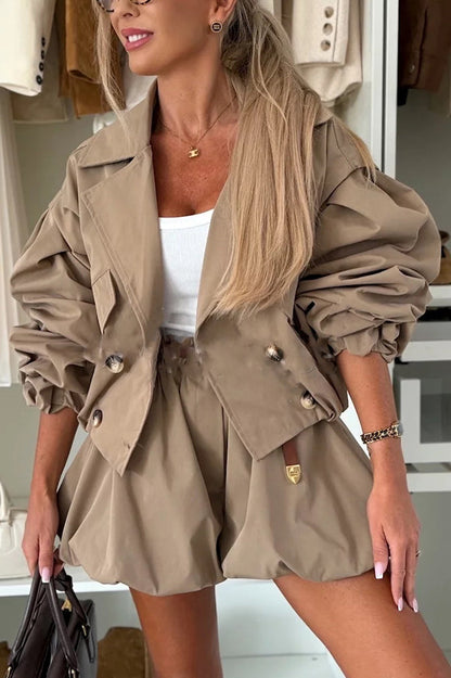 Fashion Style Button Long Balloon Sleeve Pocket Lapel Casual Bomber Jacket