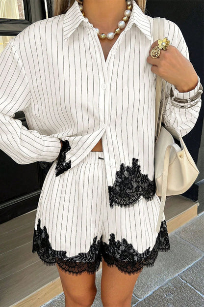 Anna  Lace-trimmed Striped Shirt and Shorts Set