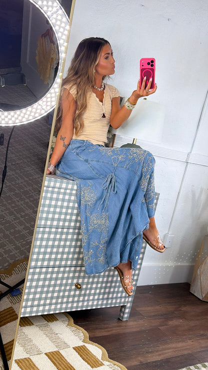 Floral Detail Wide Leg Pants, Denim