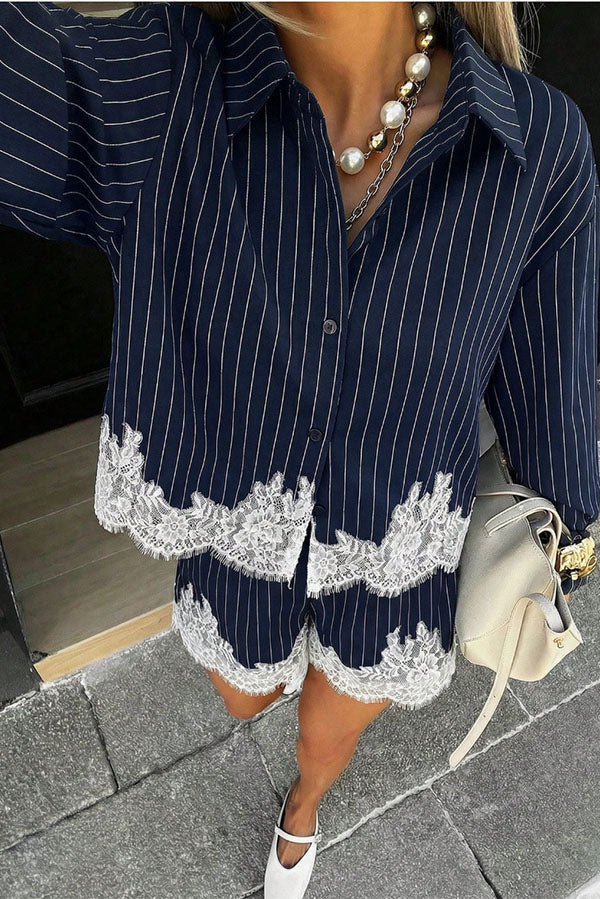 Anna  Lace-trimmed Striped Shirt and Shorts Set