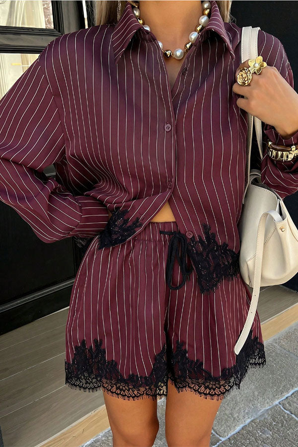 Anna  Lace-trimmed Striped Shirt and Shorts Set