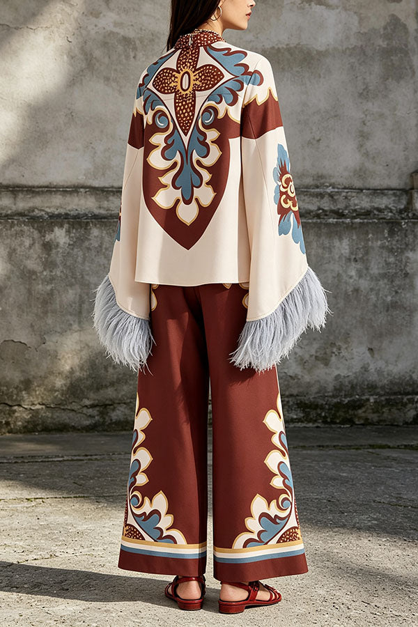 Bohemian Dreams Unique Print High Neck Feather Trim Bell Sleeve Top
