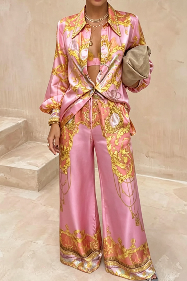 Mermaid Motel Unique Print Long Sleeve Loose Shirt and Elastic Waist Pants Set