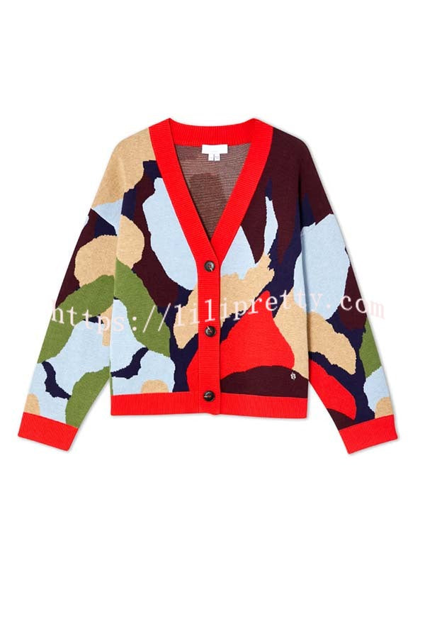 Bright and Bold Knit Abstract Color Blocks Button Long Sleeve Loose Cardigan