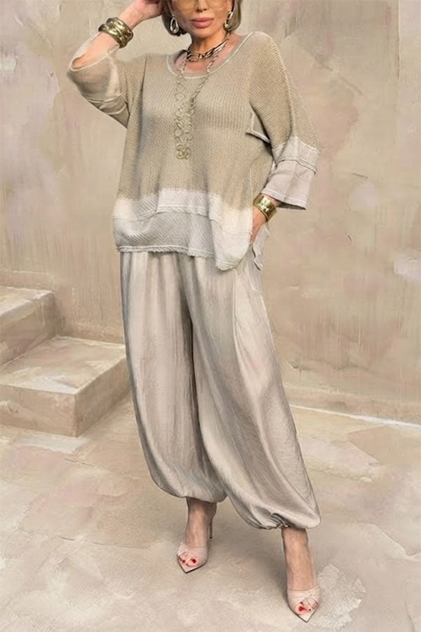 Lucy Knit Cutout Layered Design Half Sleeve Top and Satin Elastic Waist Pocketed Lantern Pants Set