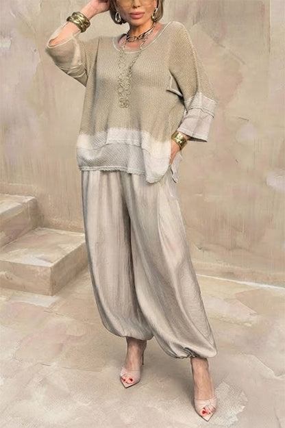 Lucy Knit Cutout Layered Design Half Sleeve Top and Satin Elastic Waist Pocketed Lantern Pants Set