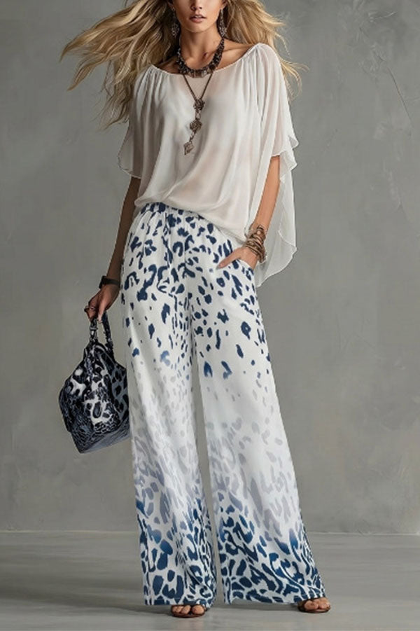 Safari Glam Draped Blouse & Ombre Leopard Wide-Leg Trousers Set