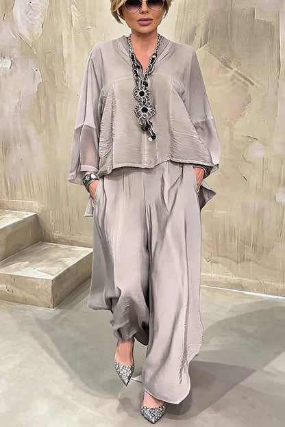 Melissa V-neck Sheer Batwing Sleeve Loose Blouse and Elastic Waist Pocketed Bell Hem Pants Set