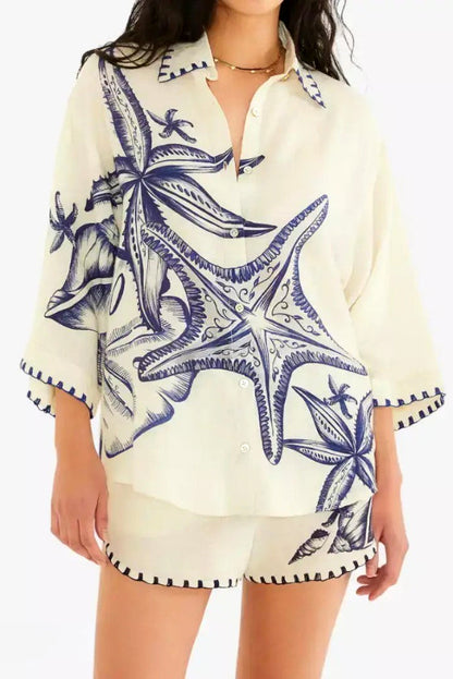 Linen Blend Starfish Print Collared Loose-fitting Shirt and Elastic Waist Casual Pocket Shorts Set