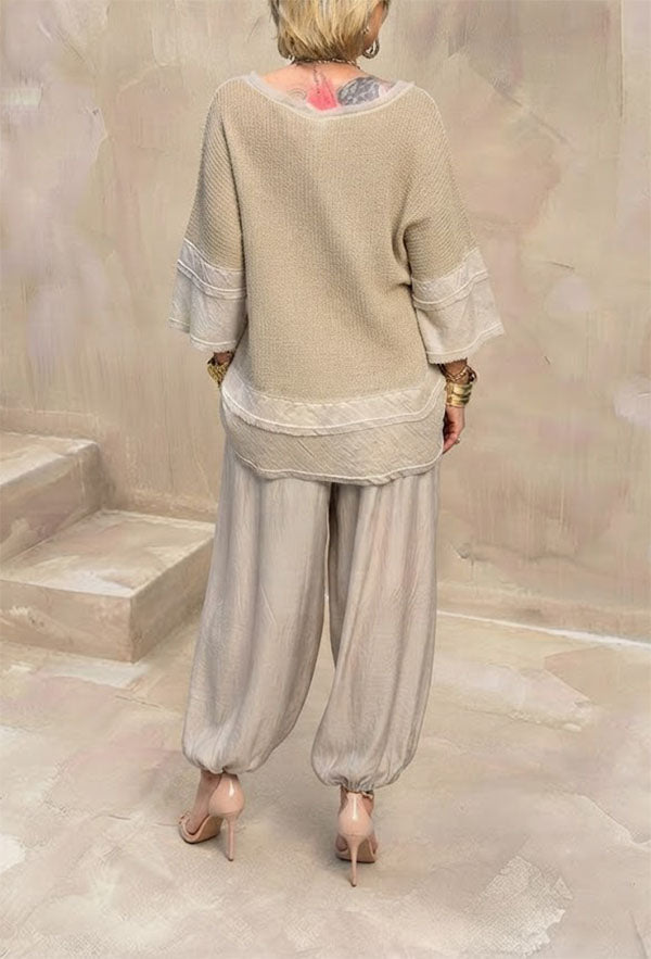 Lucy Knit Cutout Layered Design Half Sleeve Top and Satin Elastic Waist Pocketed Lantern Pants Set
