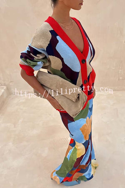 Bright and Bold Knit Abstract Color Blocks Button Long Sleeve Loose Cardigan