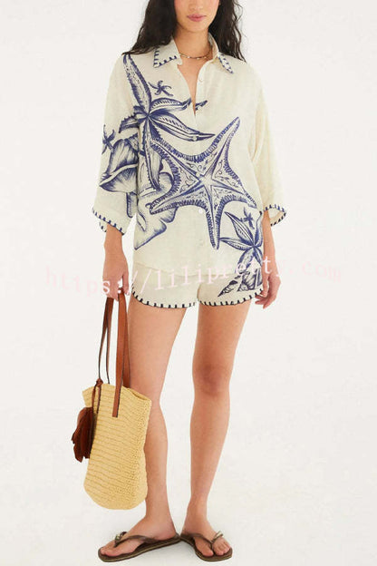 Linen Blend Starfish Print Collared Loose-fitting Shirt and Elastic Waist Casual Pocket Shorts Set