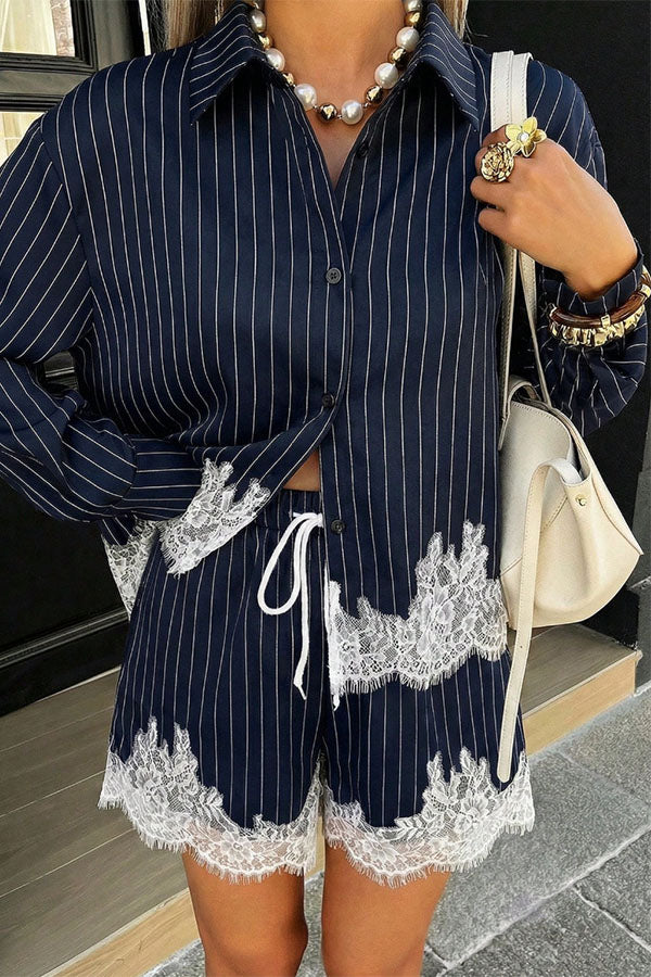Anna  Lace-trimmed Striped Shirt and Shorts Set