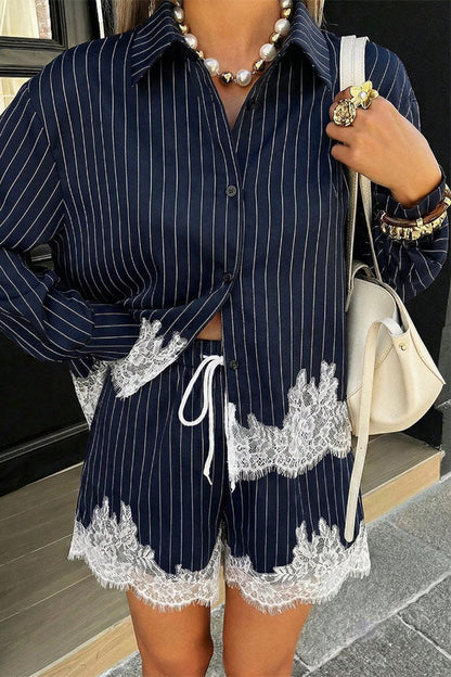 Anna  Lace-trimmed Striped Shirt and Shorts Set