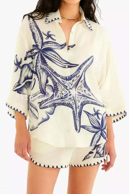 Linen Blend Starfish Print Collared Loose-fitting Shirt and Elastic Waist Casual Pocket Shorts Set